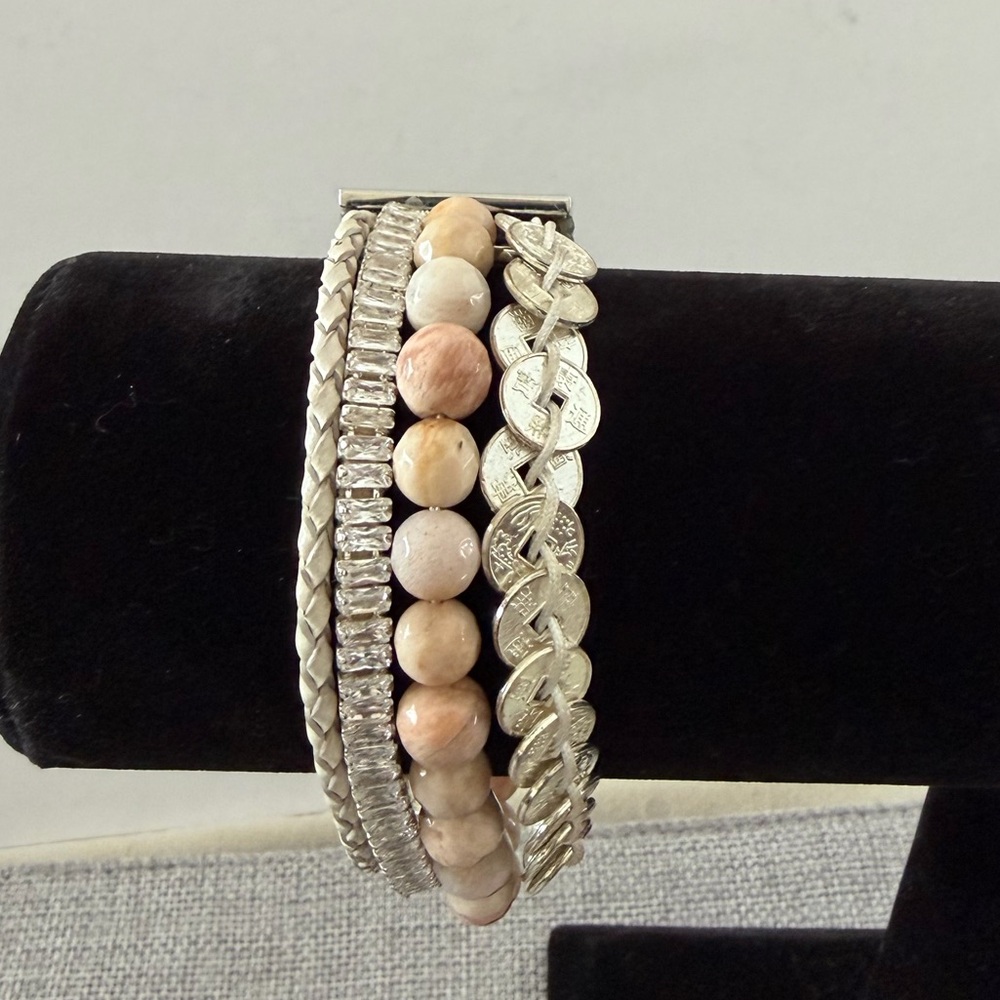 Victoria Emerson Multi Strand Bracelet Silver Coin Crystal & Stone Boho Wrap